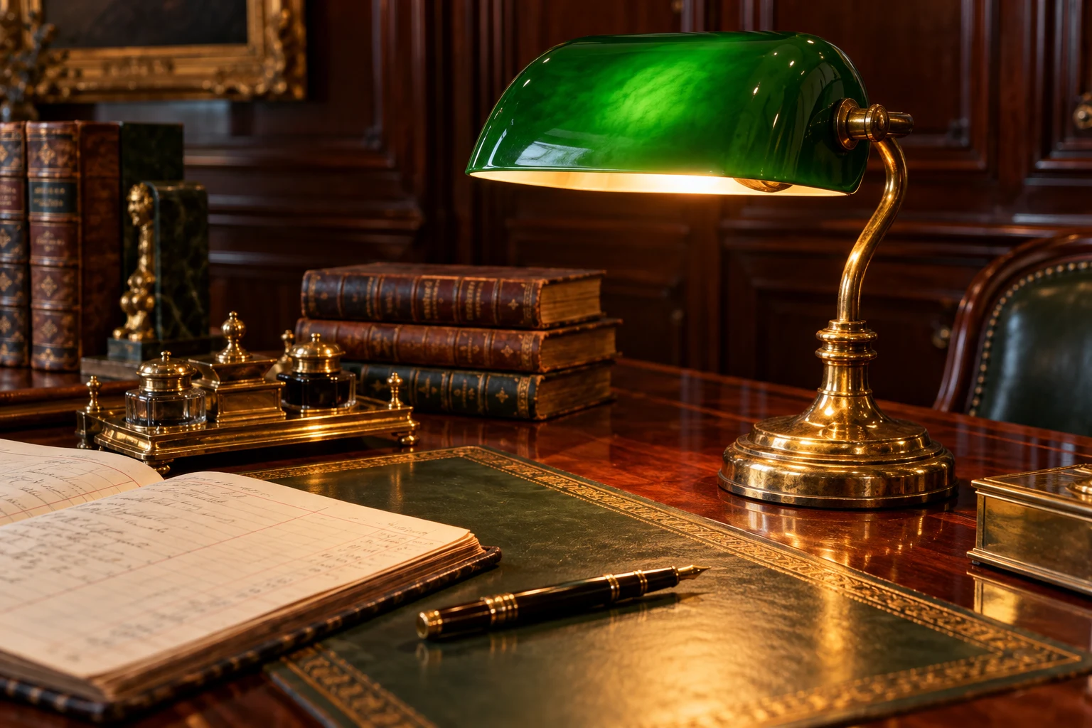 An illuminated green-glass banker’s lamp beside a leather ledger and brass fountain pen