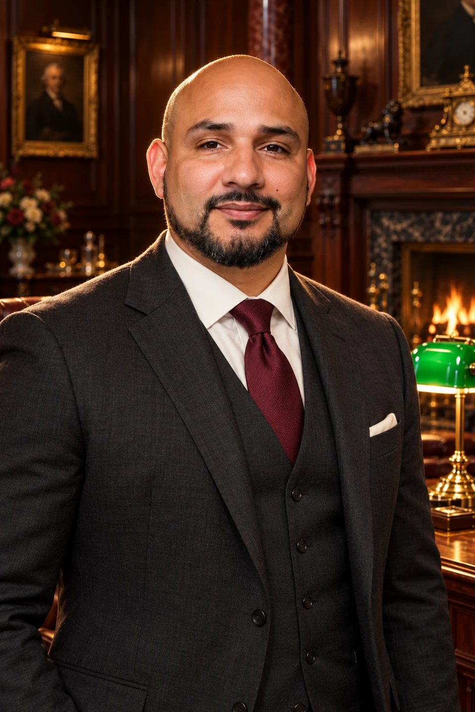 Brian Galvan in a charcoal three-piece suit in an imagined mahogany office with a green banker’s lamp